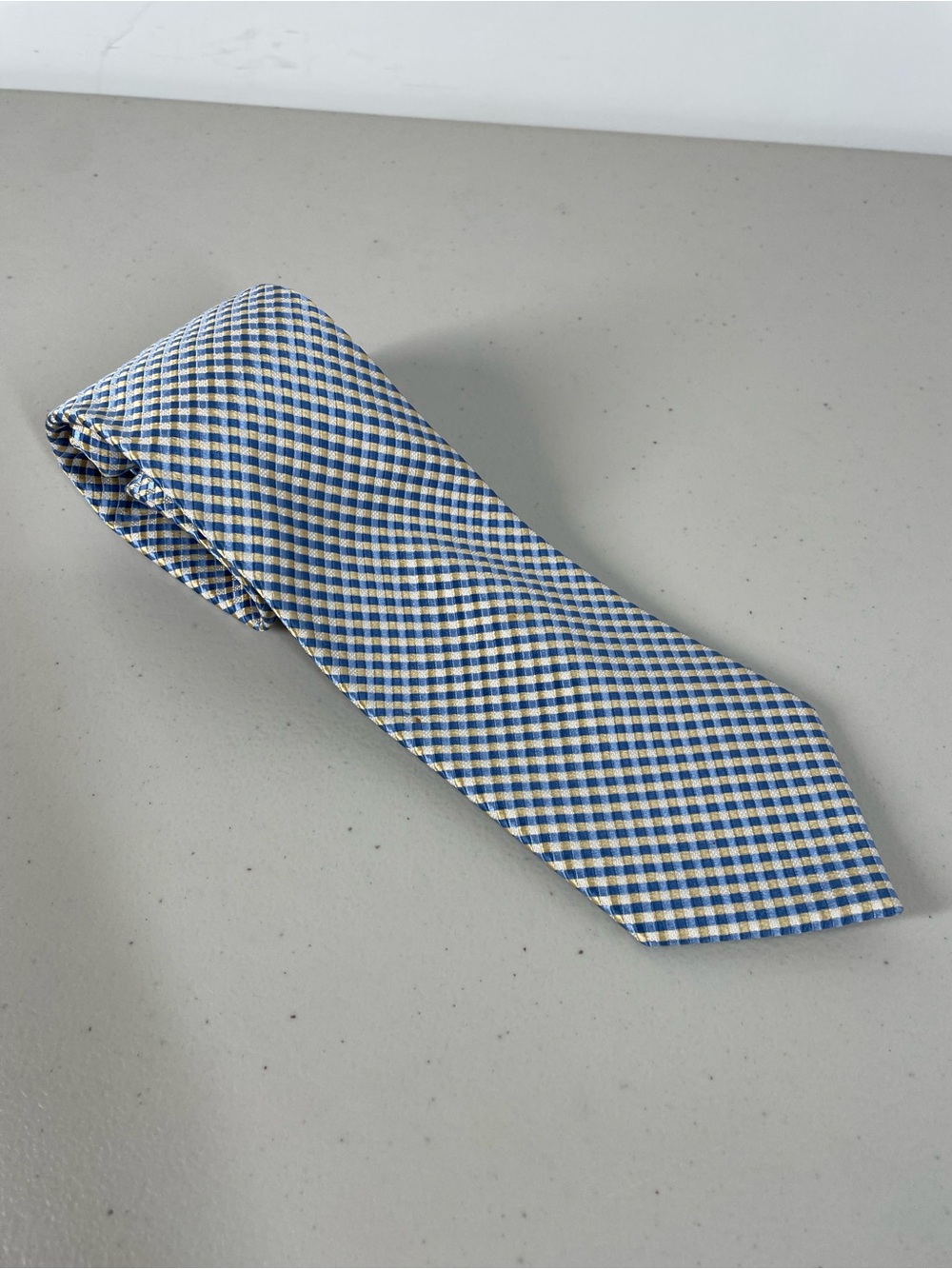 Joseph Abboud Silk Tie Blue Gold Gingham Check Business Wedding Classic